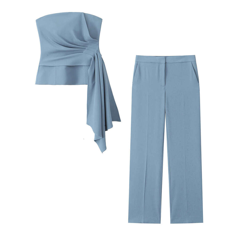 TRAFZA Sky Blue Autumn New Sleeveless Ruched Corset Top High Waist Flared Pants B5