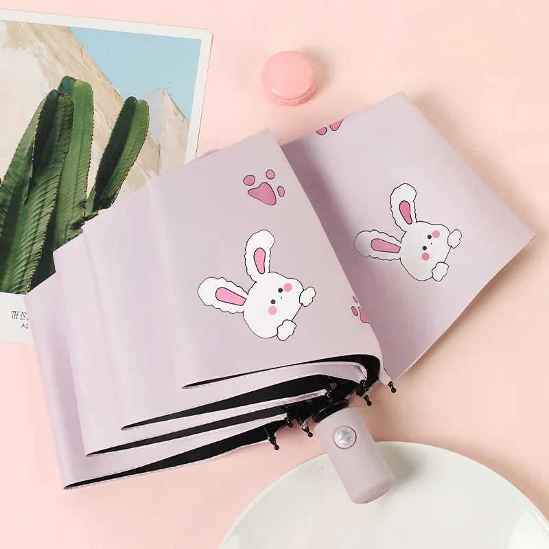 Cute Kids Umbrella Thick Black Glue Fully Automatic Umbrella Rabbit Sunshade for Children Students Waterproof Sunproof UV Umbrellas R250724
