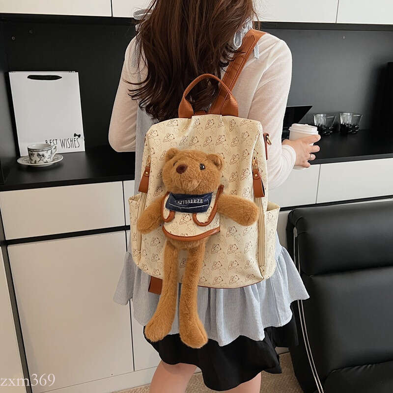 New Cute Bear Student Backpack Fashion Print Commuter Anti-theft Double Korean Version Lightweight Handheld Single Shoulder Bag