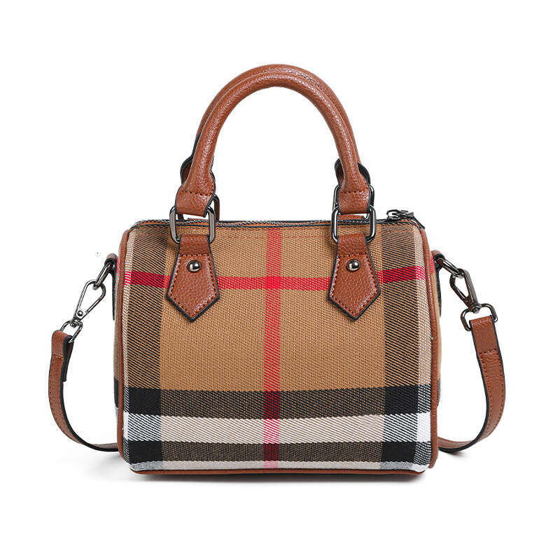 Canvas Plaid Genuine Leather Boston Pillow High-End Fashion Versatile Handbag Stylish Single Shoulder Crossbody Women's Bag