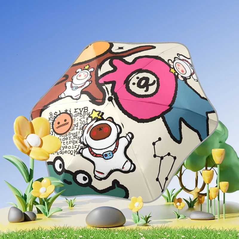 Cartoon Automatic Children Umbrella Windproof UV Protection Sun Folding Umbrella Kids Black Coating Sunshade Safety Arc Edge R250724