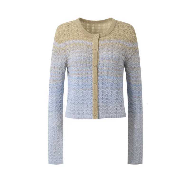 2025 Spring Gradient Color Wave Pattern Round Neck Single Breasted Slimming Knit Cardigan X250724