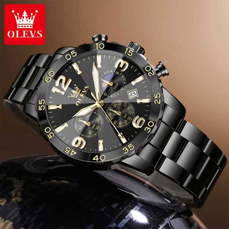 OLEVS Men Watch Black Stainless Steel Waterproof Luminous Moon Phase Digital Dial Original Quartz Movement Wristwatch 3678 W250724
