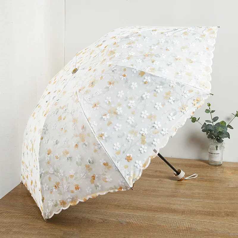 Fashion Double-layer Lace Floral Embroidery Folding Umbrella Summer Outdoor Mini Sunscreen UV Protection Foldable Sunny Umbrella R250724