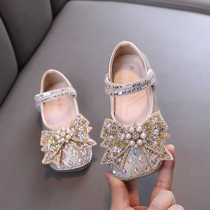 Spring Autumn Girl Princess Shoes Rhinestone Bowtie Kids Leather Shoes Fashion Casual Sequins Children Casual Wedding Flat Shoes XJ250724