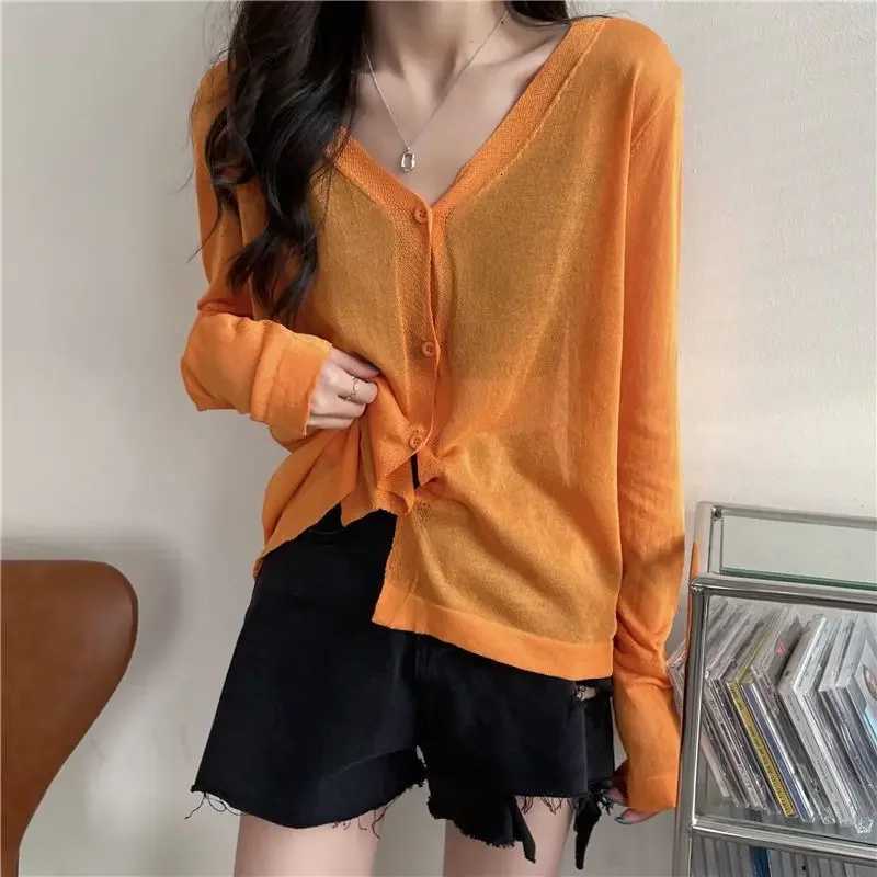 2024 Korean Simple Style Comfortable Ice Silk Thin Knitwears Solid V Neck Long Sleeve Slim Fit Button Cardigan X250724