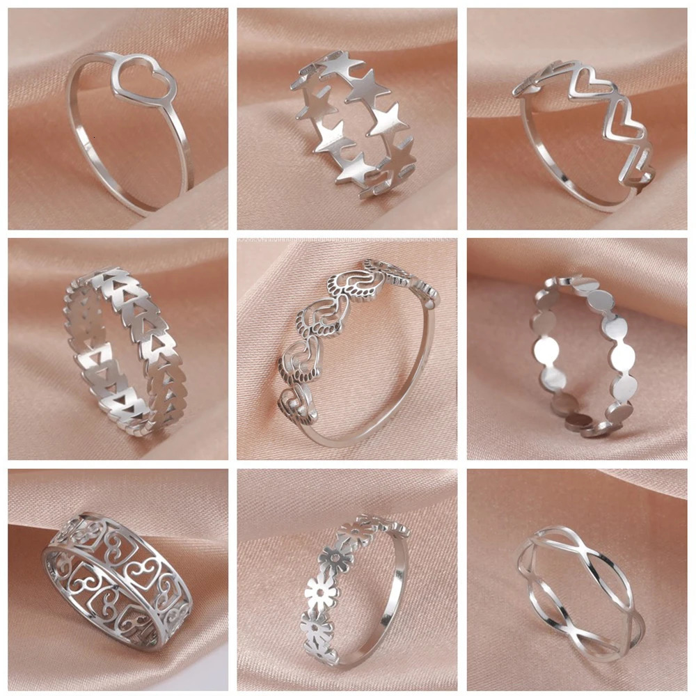 Stainless Steel Womens Ring Simple Heart Butterfly Moon Phase Geometric Finger Rings Wedding Gift for Lover Wholesale 250704