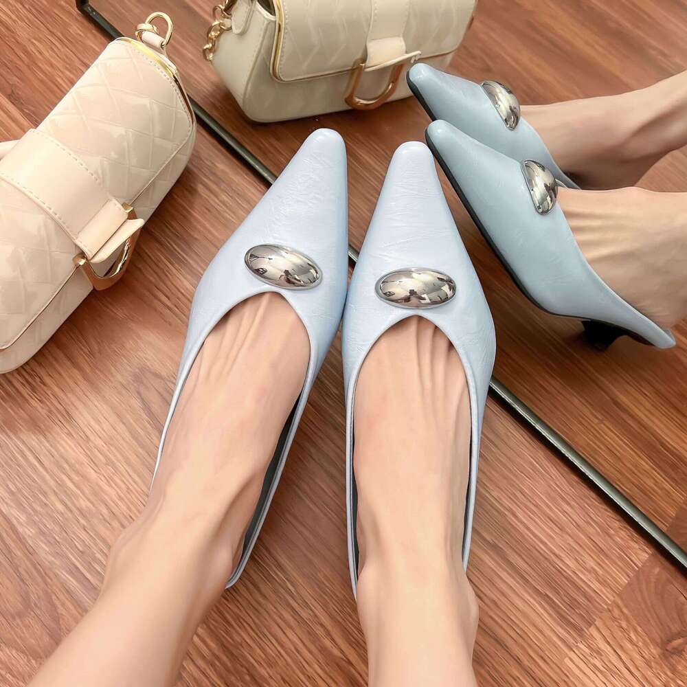 2025 Summer New Backless Sandals for Women Fashion Brand Same Style Closed-Toe Slippers French Mid-Heel Single Shoes