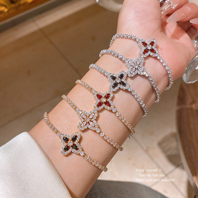 Silver Tone Clover Shaped Bracelet Black Gem & Crystal Accents Elegant Party Jewelry And Daily Wear Gift For Her High Quality And Stylish Jewelry