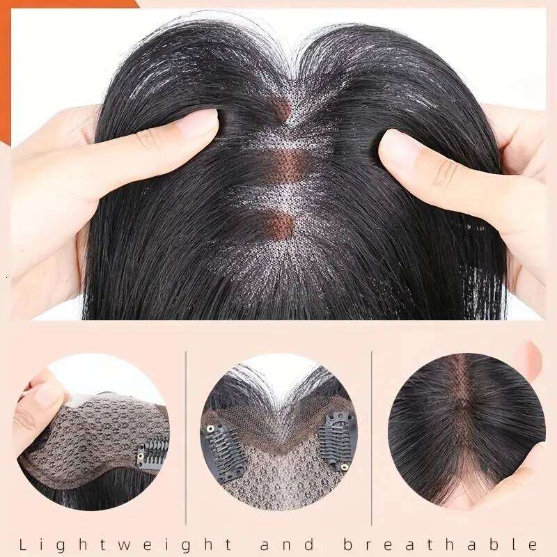 Women's Human Topper Piece Hand-Tied No-Sew Hairpiece Voluminous Bangs Natural Look Straight Black Hair for Bald Spots