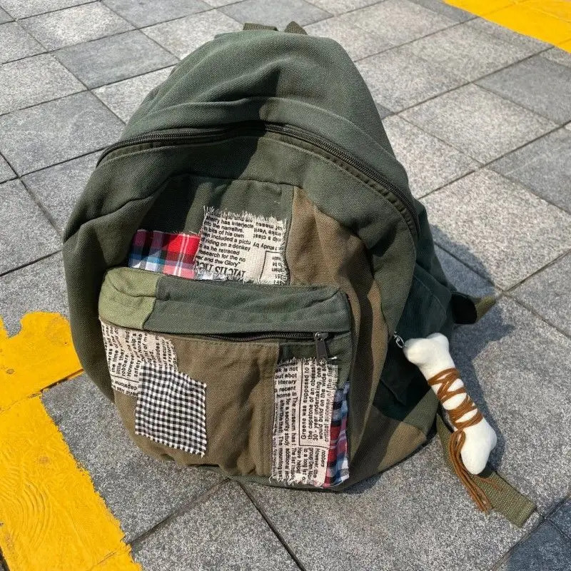 Patchwork Vintage Y2k Aesthetic Canvas Bags Grunge Simple Japanese Students Backpacks Women All Match Trendy Pendant Schoolbags 250723