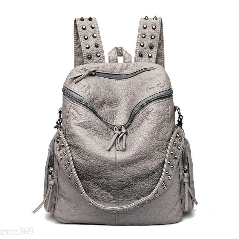 New Fashion Rivet Washed Leather Large Capacity Multi-Pocket Soft Bag Trendy Travel Backpack