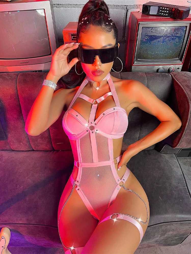 Sexy Bodysuit Women Hot Mesh Lingerie Open Anal See Through Hollow Teddies Erotic Chain Fetish Underwear Exotic Apparel Set W250724