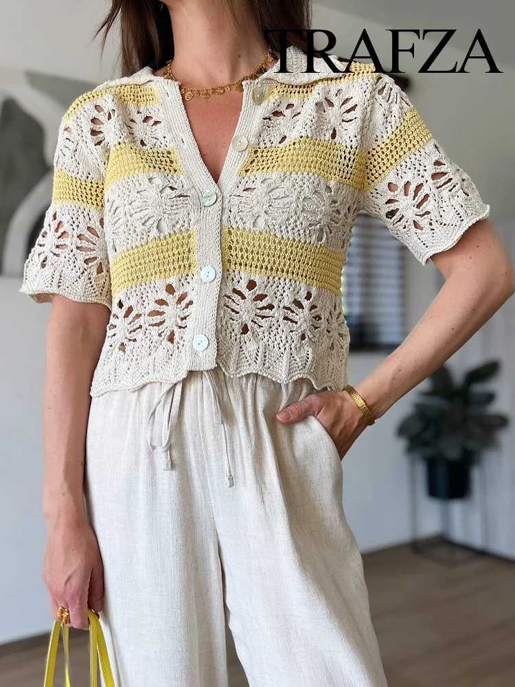 TRAFZA Female Summer Fashion Lapel Jacquard Mesh Knitting Half Sleeve Striped Cardigan Women Single-Breasted Sweater Casual Top X250724
