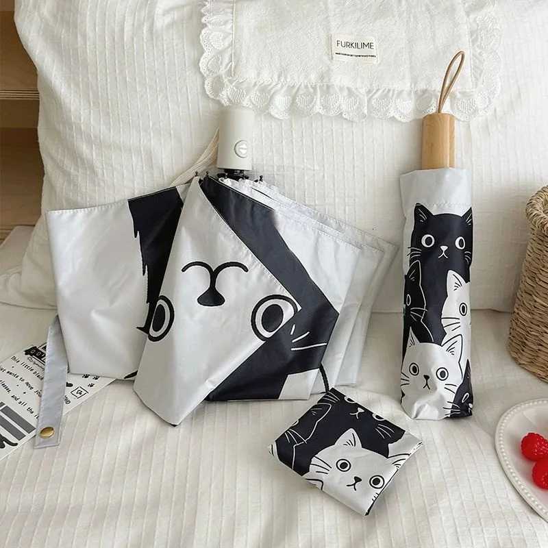 Cartoon Black and White Cat Automatic Umbrella Female Dual-Purpose Folding Sun Umbrella Sunshade Protection UV Sunshade R250724