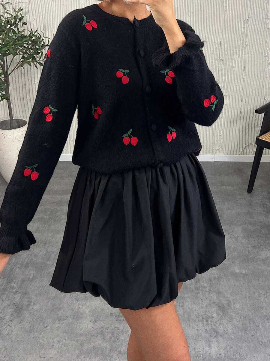 New Fashion Womens Autumn Sweater Cardigan Long Sleeve Round Neck Button Up Cherry Print Knitwear Hot Sale S-XL X250724