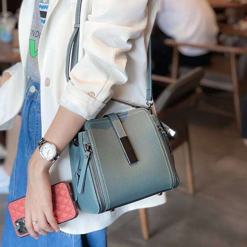 Women's Top Layer Cow Genuine Leather Versatile Handbag Female High Quality Shoulder Ladies Commuting Crossbody Bucket Bag