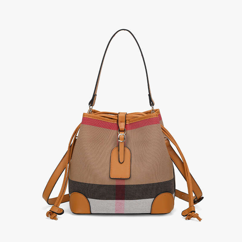 Fashion Canvas Plaid High-End Drawstring Bucket Bag New Women's Handbag Single Shoulder Crossbody
