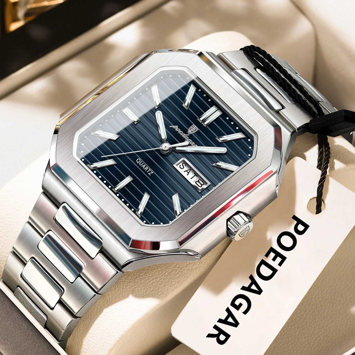 POEDAGAR Luxury Square Fashion Man Wristwatch Waterproof Luminous Date Week Quartz Mens Watches Stainless Steel Men Watch Reloj W250724