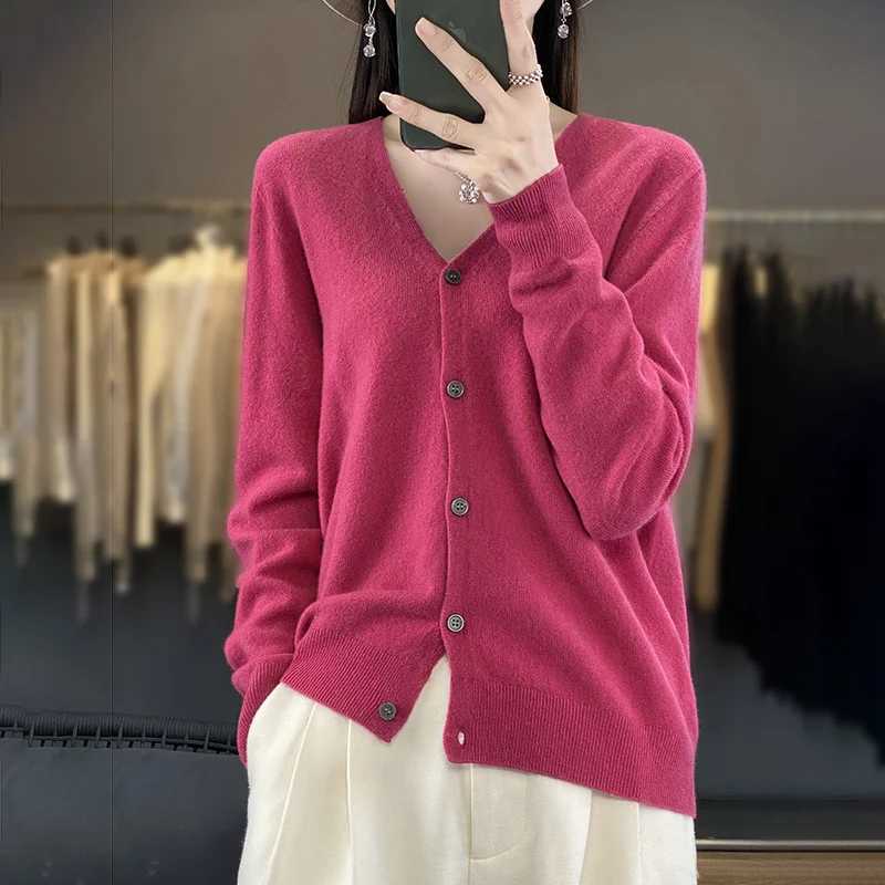 Autumn and Winter 100% Wool V-neck Knitted Cardigan Basic Versatile Coat Womens Elegant Sweater Loose Long Sleeve Top WQ015 X250724