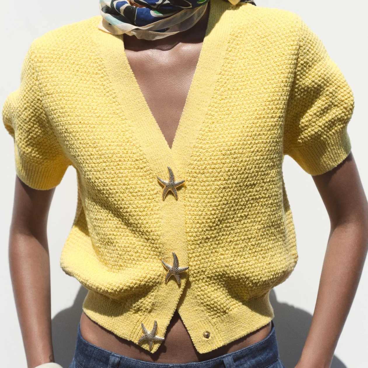 Womens Lightweight Knit Cardigan Solid Color Short Sleeve Metal Front Starfish Button Down Loose Tops for Spring Summer X250724