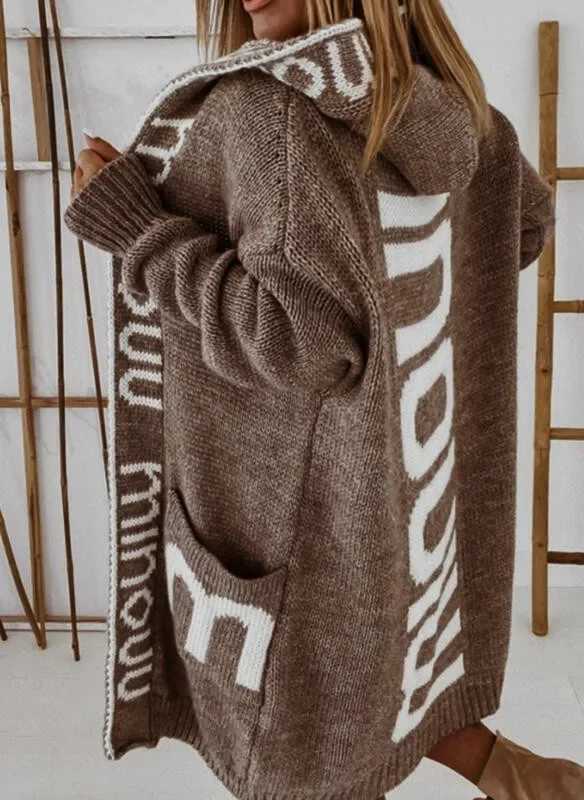 Womens Long Hooded Cardigan Knitted Coat Letter Pattern Knitwear Vintage Long Knitwear Loose Monochromatic Casual Sweater X250724