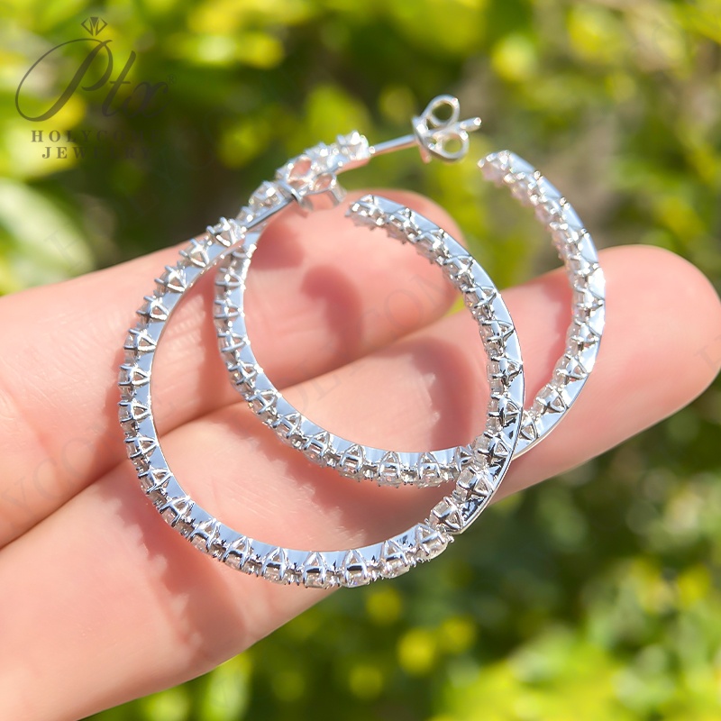 Popular Moissanite Earring 30mm 925 Sterling Silver Circle Hoop Earrings Simple Big Circle Gold Plated Hoop Earrings for Women Wedding Party Gift