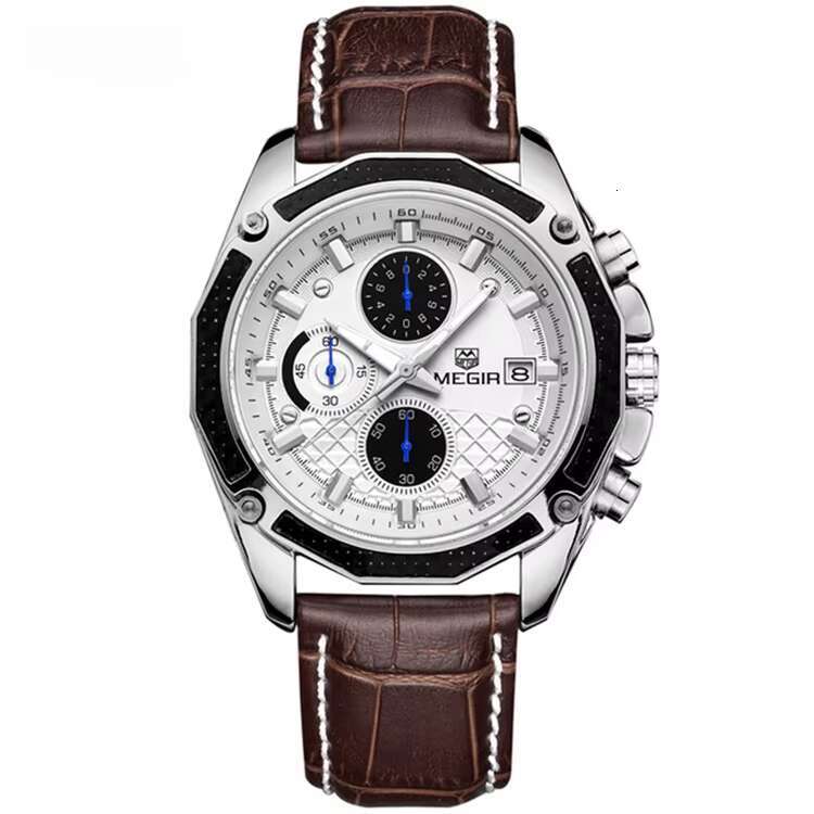 DHgargets MEGIR Men's Sports Watch - Chronograph, Luminous, 30M Waterproof, Leather Strap, Multifunction Wristwatch