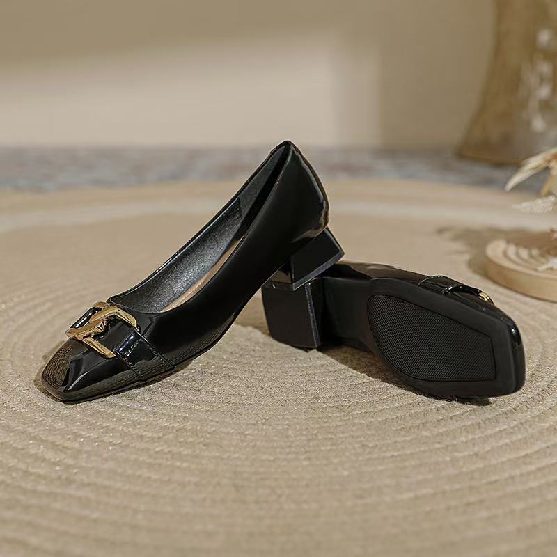 women's genuine leather thick med heel square toeslip-on pumps fringe chain OL style elegant ladies single shoes 9e43 dh5367242