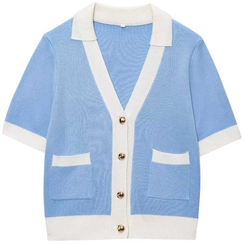 2025 HXAO Crop Knit Cardigan Womens Sweater Summer Knitwear Crop Blue Knitted Short Sleeve Outerwear Button Cute Cozy Sweaters X250724