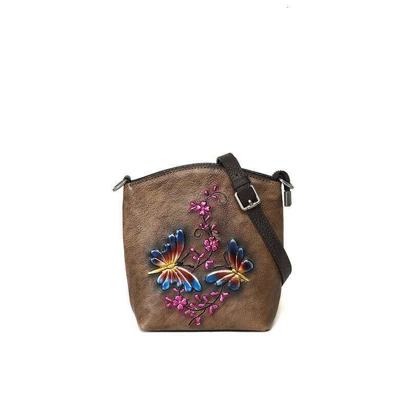 Vintage Genuine Leather Women's Shoulder Bag New Relief Emed Phone Purse Cowhide Handbag for Ladies