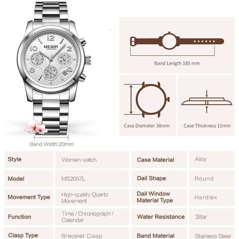 MEGIR Women's Fashion Chronograph Watch - Stainless Steel, Waterproof, Date, 38mm - Bulk Wholesale