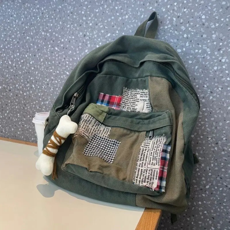 Patchwork Vintage Y2k Aesthetic Canvas Bags Grunge Simple Japanese Students Backpacks Women All Match Trendy Pendant Schoolbags 250723