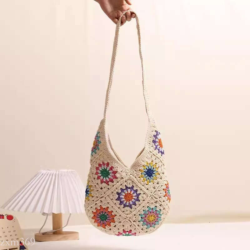 New Summer Artistic Woven Handmade Cotton Thread Vacation Beach Shoulder Tote Women's Straw Bag