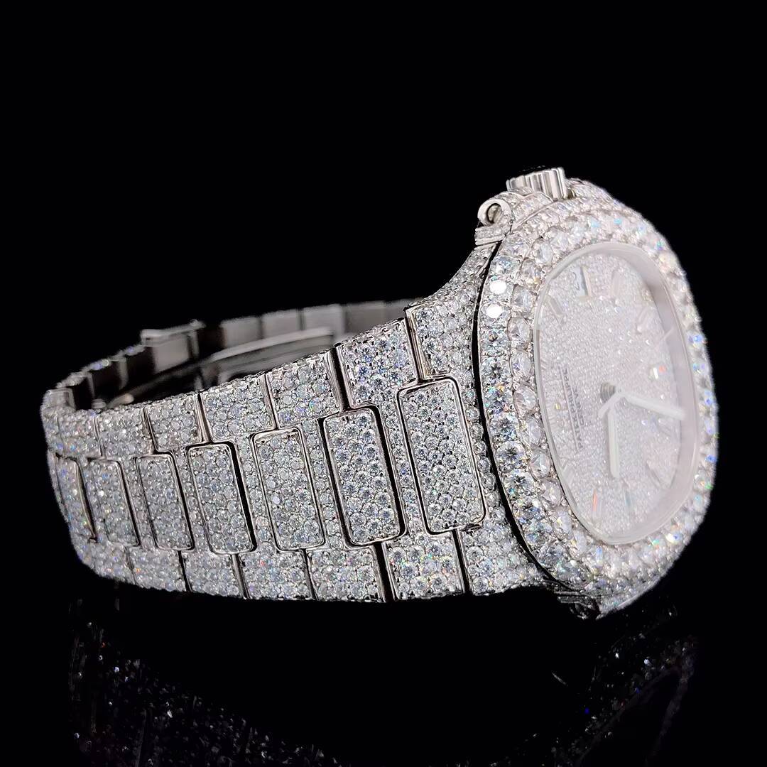 High Quality VVS Moissanite Diamond Wrist Watch for Men Hot Selling Stainless Steel Band Quartz Movement Iced out Hip Hop Style