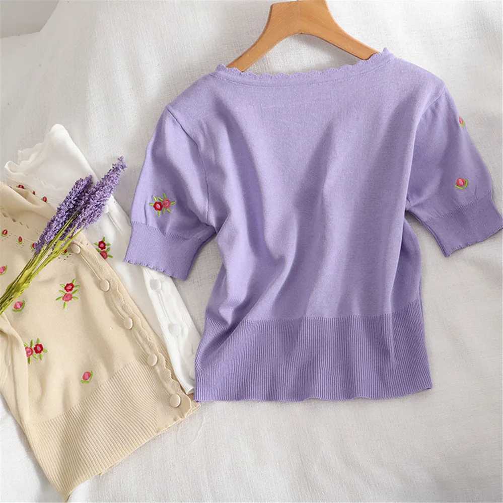 Korean Fashion Knit Crop Cardigan White Color Floral Embroidery Cardigan Shirts V Neck Button Front Top Puff Sleeve Vintage Tops X250724