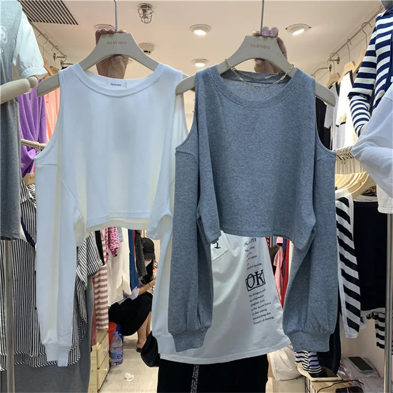 Woman Tshirts Summer Off-the-Shoulder Cotton Long-Sleeved Hole T-shirt O Neck Loose Solid Color All-match Shirt WBXC36 250724
