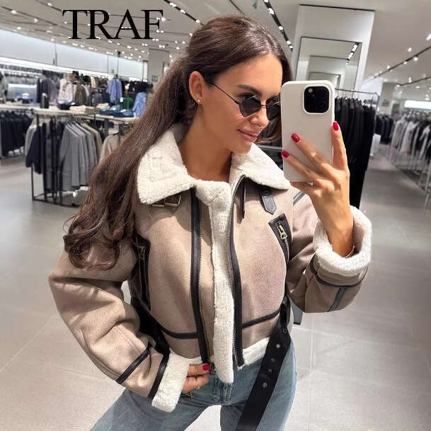 TRAFZAINS Autumn Winter Women's Double-Sided Short Turn-Down Collar Long Sleeve Jacket Coat B5