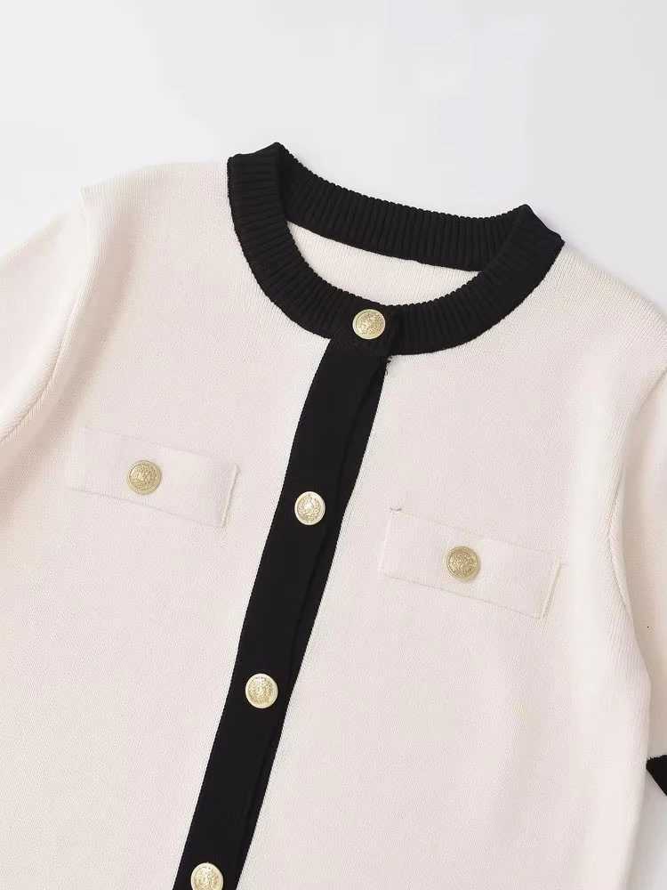 TRZA Womens Patchwork Knit Cardigan Sweater O-Neck Short Sleeve Button-Up Chic Fashion Outerwear Top X250724