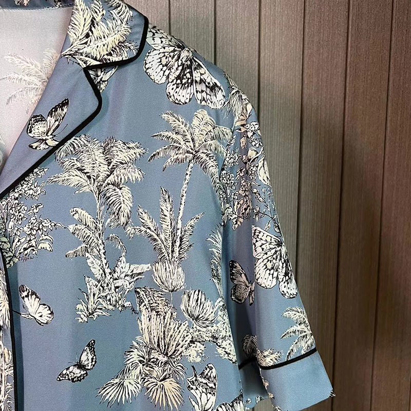 Ladies Silk Palm Print Shirt Pajamas Summer Designer Button-Down Sleepshirt Dual Pockets Clothing Y2K Resort Loungewear S0759