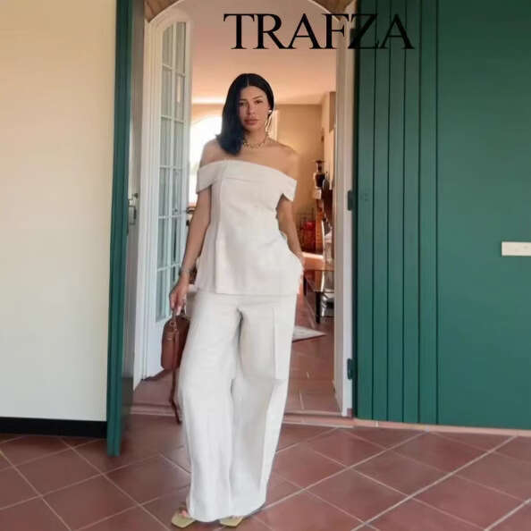 Women's INS Side Slit Off-Shoulder Top And Long Pants Set B5