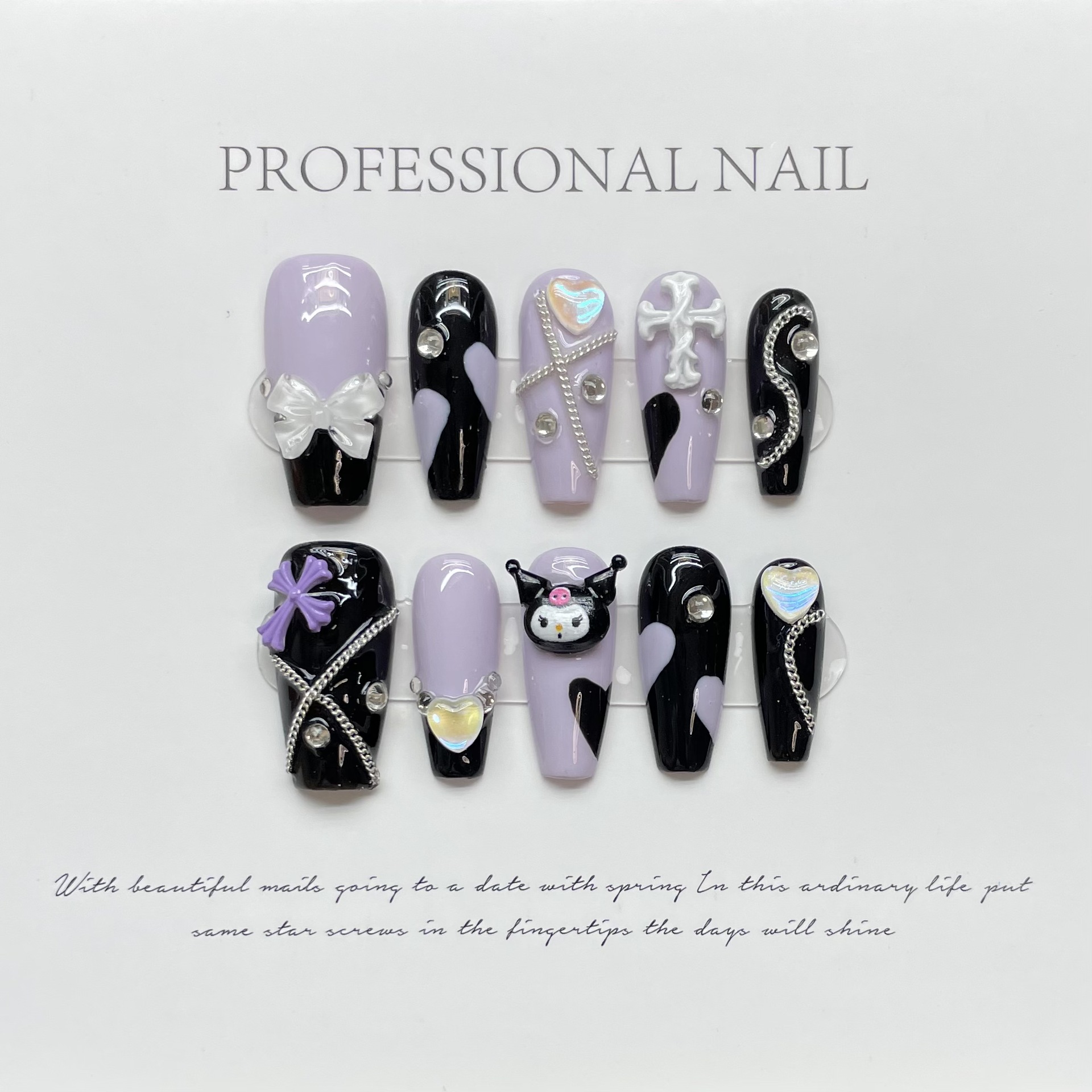 3D kuromi Purple Color Artifical Press On Nails With Glue Long Coffin Fake Nails Lovely Girls Nail Art False Nails