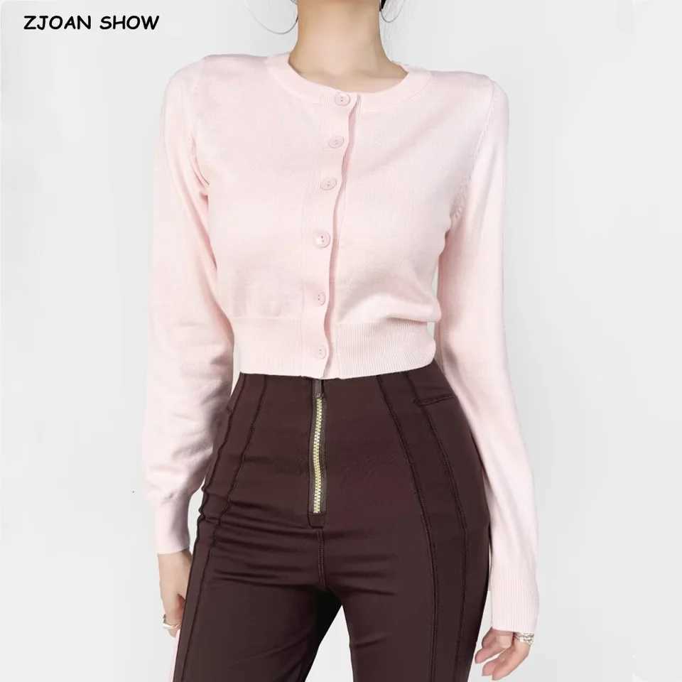 2024 American Retro Button Through Pointelle Knit Cardigan Sweater for Women O Neck Full Sleeve Cropped Knitwear White X250724
