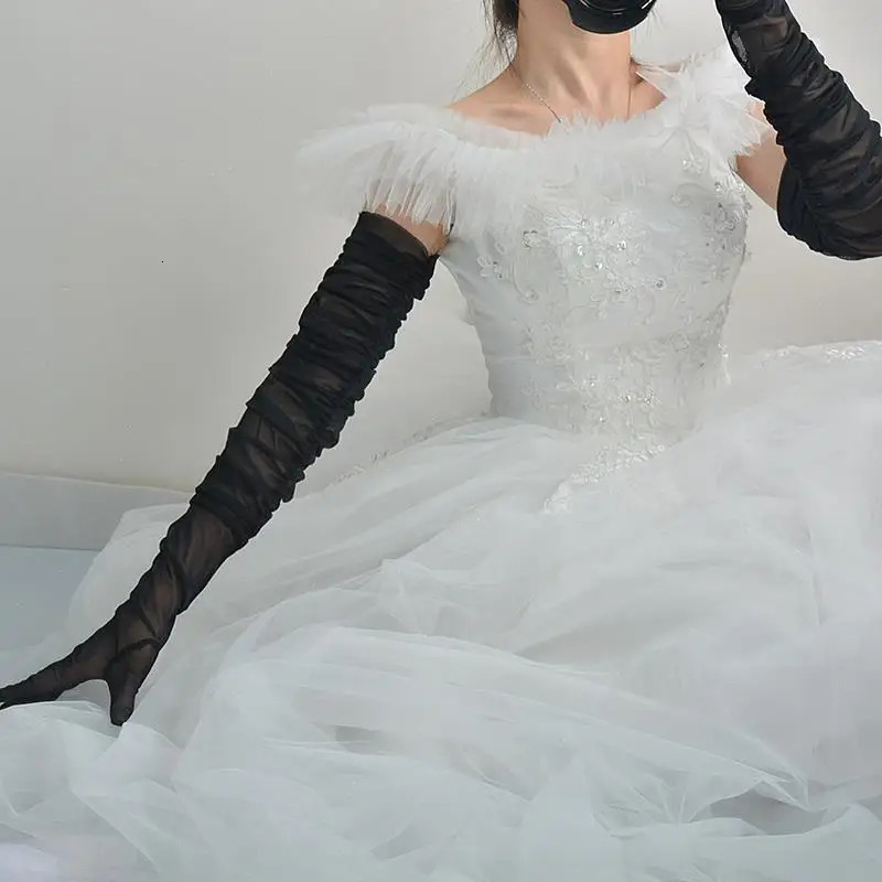 Black silk white silk gloves with extra long high elastic lace mesh translucent perspective black wedding dress touch screen 250722