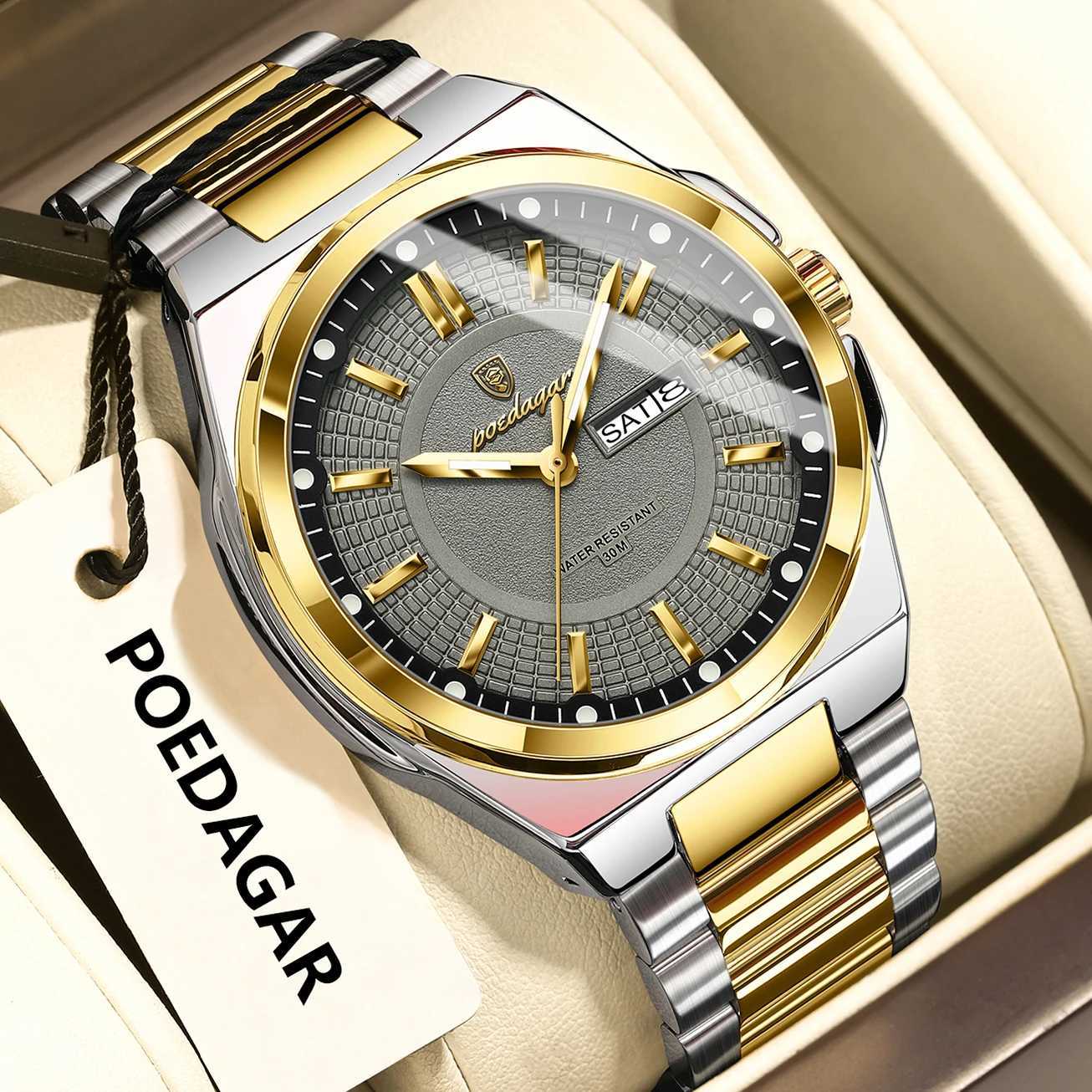 POEDAGAR Top Original Mens Watches Stainless Steel Waterproof Luminous Man Watch Date Week Classic Trendy Quartz Men Wristwatch W250724