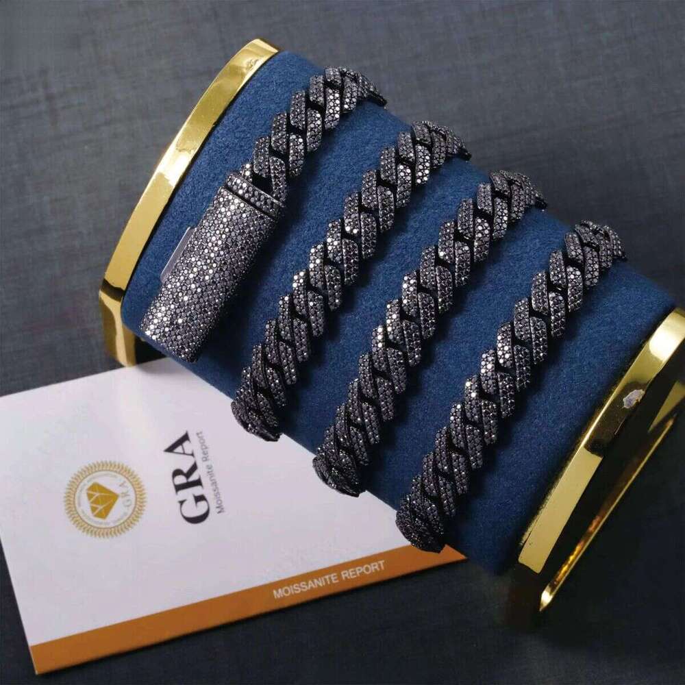 VVS Dia 2rows 10mm 12mm S Sier Hip Hop Necklace Men Black Moissanite Cuban Link Chain For Fashion Jewelry
