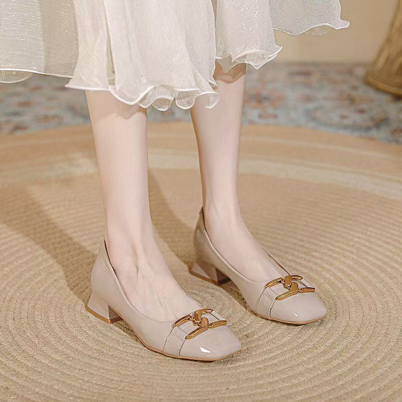 women's genuine leather thick med heel square toeslip-on pumps fringe chain OL style elegant ladies single shoes 9e43 dh5367242