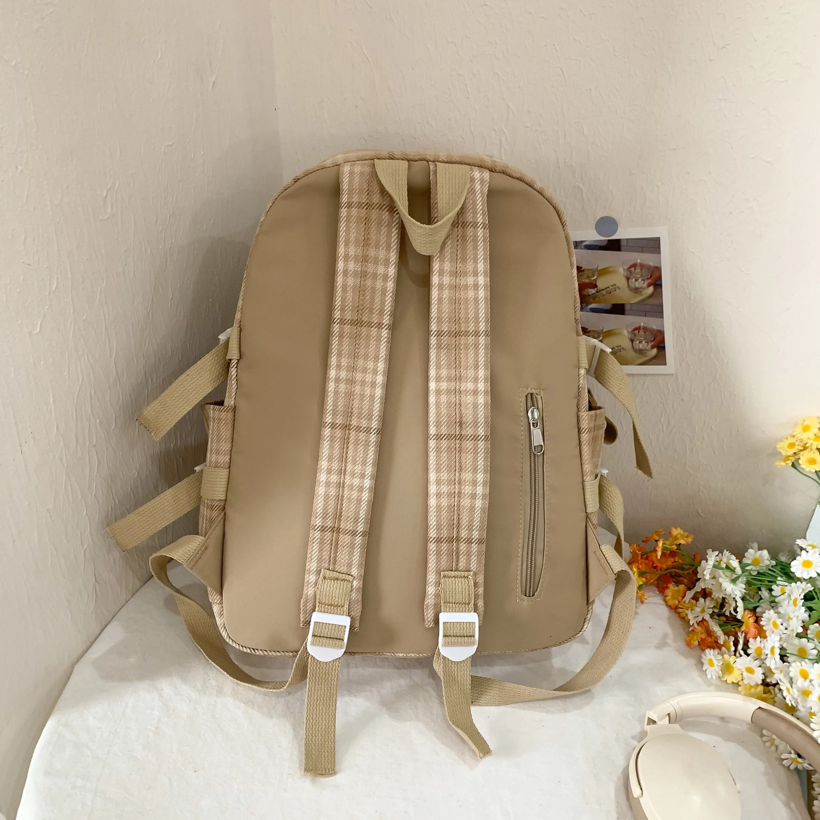 Casual Backpack Trendy Cotton and Linen Checkered School Bag GoodLookingL argeCapacityLi ghtweightBa ckpackfo rJu niorHi ghSc hoolan dCo llegeSt ude 2