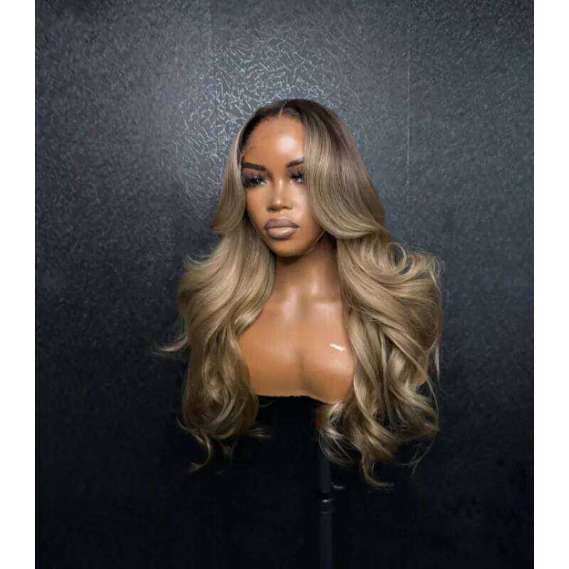 Ombre Ash Brown Streaks Layered Lace Front Wig Dark Root Long Loose Wavy 20 Inches Synthetic Wigs For Women