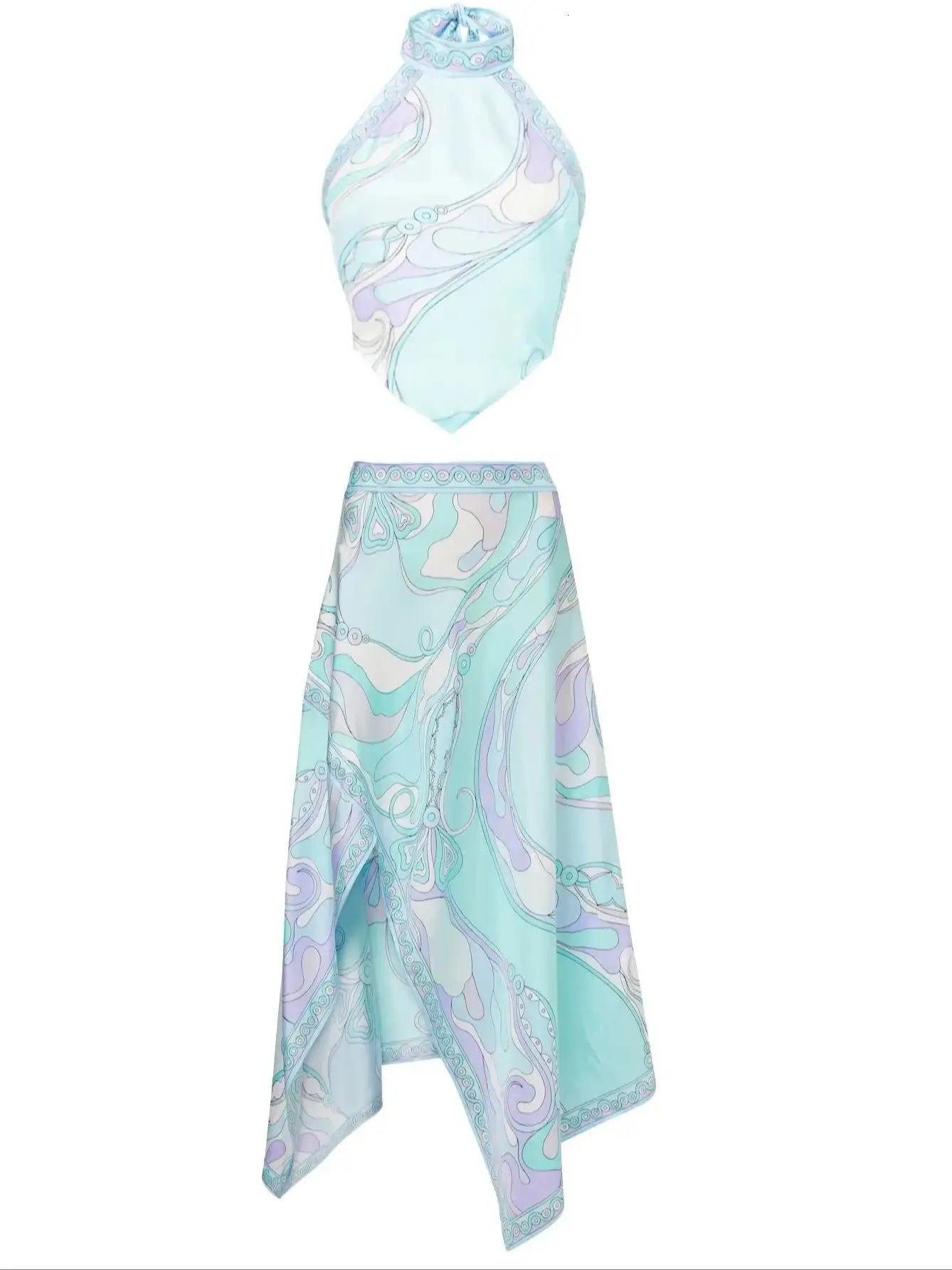 Print Two Piece Skirt Sexy Halter Beach Dress Women Bra High Waist A-line Long Skirt Suit Summer Holiday Seaside Casual Set 250717